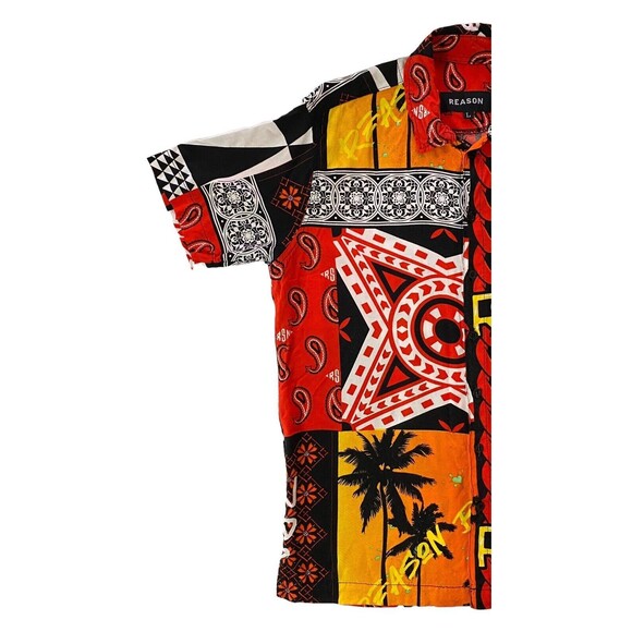 Reason Brand Retro Patchwork Shirt Gold Chain Crown Floral Design Size Large - Picture 11 of 11